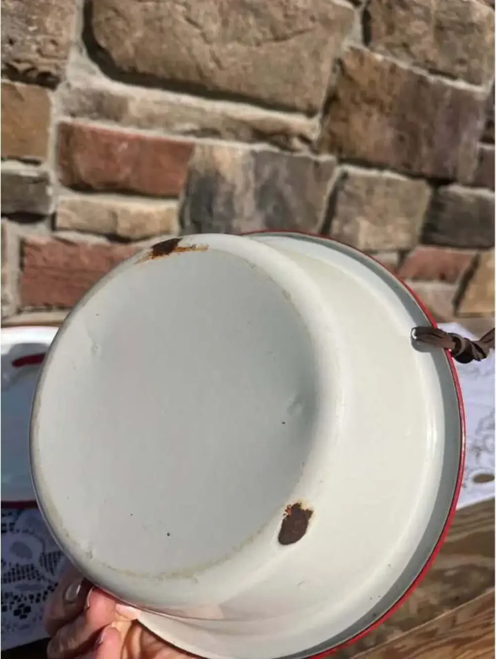 Vintage White Enamelware Pot with Lid & Basin Set Red Trim Farmhouse Cookware